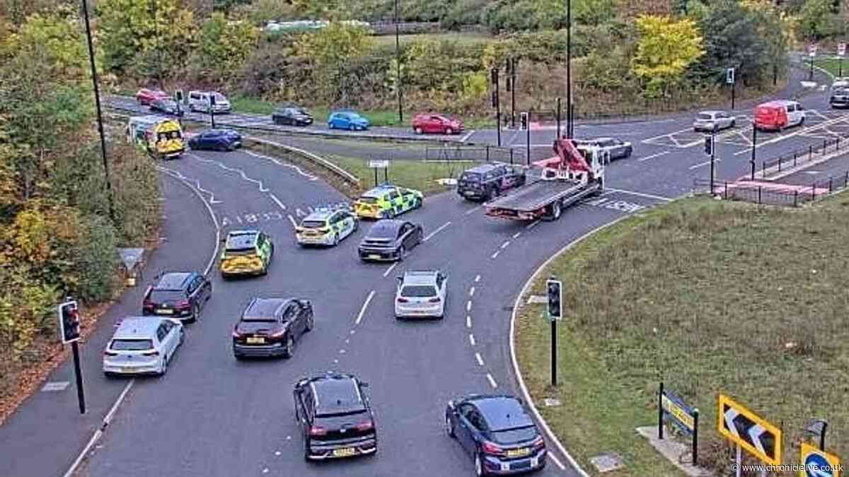 Huge emergency response on busy Tyneside roundabout after motorbike crash