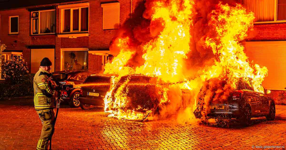 Metershoge vlammen: drie auto’s uitgebrand en ook woning raakt beschadigd