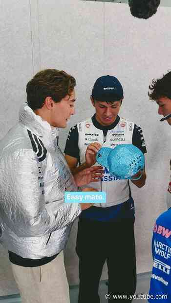 Albono tries on George’s sparkly cap 🩵✨😆 #f1shorts #mercedes #f1 #georgerussell