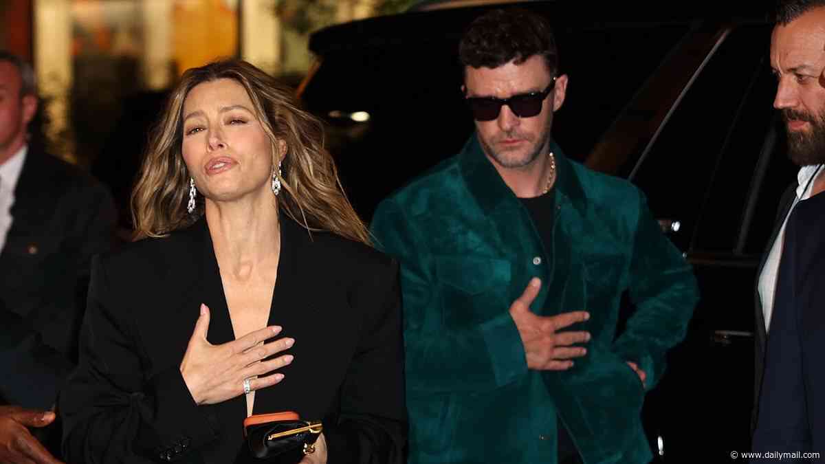Justin Timberlake lets dramatic wife Jessica Biel have her moment on rare public appearance together... after marking 14th wedding anniversary two years after DWI scandal