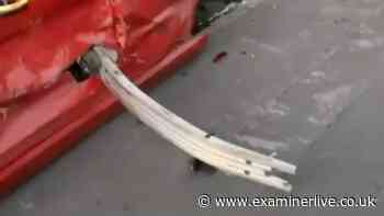 Huge beam left sticking out of car after 'serious' Bradford crash