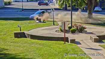 Moment elderly Indiana lady has too much to drink and does donuts on the local courthouse lawn