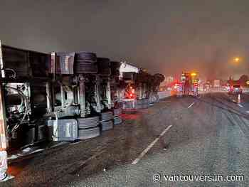 Highway 1 partly closed after semi-truck overturns Thursday morning