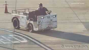 Video shows bizarre moment man runs onto airport tarmac, steals vehicle