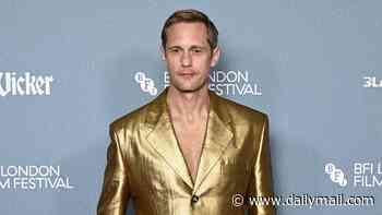 Alexander Skarsgard, 50, makes fashion faux pas with Saint Laurent's quirky transparent plastic shoes and gold suit at the Wicker premiere