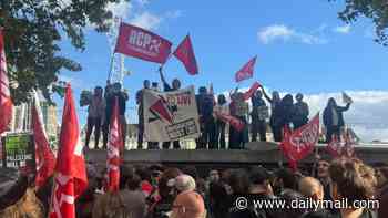 Communist pro-Palestine protesters are arrested for criminal damage after climbing on Battle of Britain memorial just days after October 7 anniversary