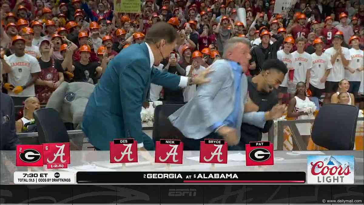 Pat McAfee wrestled to the ground by Nick Saban and Bryce Young after antagonizing them on College GameDay in Alabama