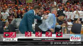 Pat McAfee wrestled to the ground by Nick Saban and Bryce Young after antagonizing them on College GameDay in Alabama