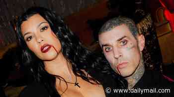 Kourtney Kardashian and Travis Barker get into the spooky spirit at his son's 'vampire ball' birthday bash... as rocker recovers from nerve surgery