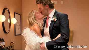Annabel Croft's daughter Lily Coleman wraps a feather boa around her husband as she changes into a mini-dress and pink platform heels for wild first dance at London wedding