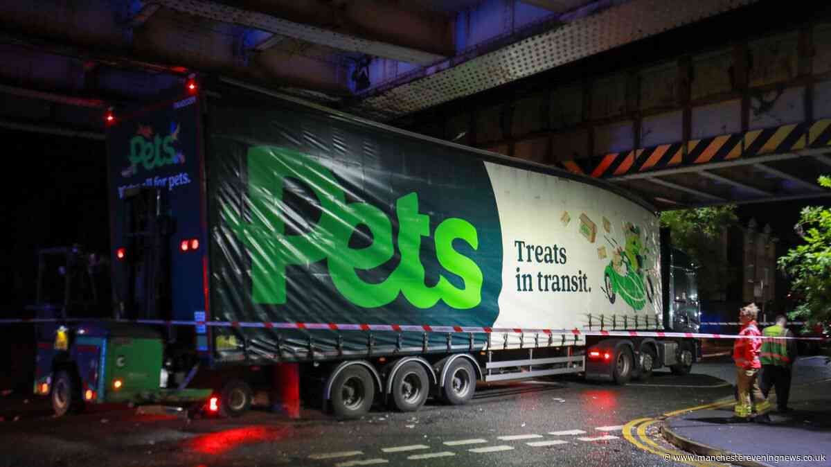 Main road cordoned off as Pets at Home lorry wedged under railway bridge