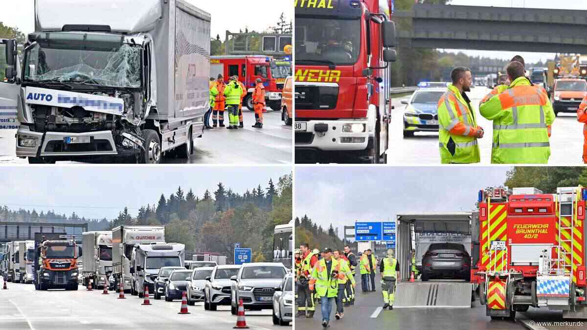 Schwerer Unfall mit Verletztem auf A8 bei München: Lkw stoßen zusammen – die Bilder des Einsatzes