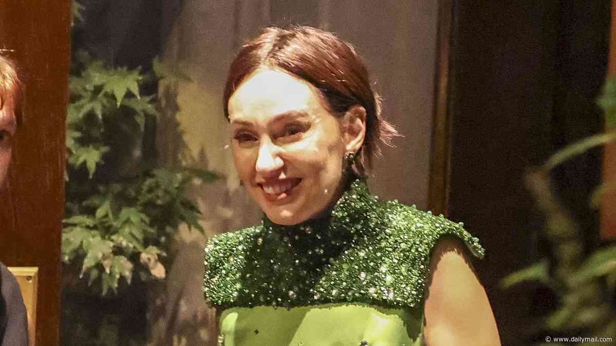 Zoë Foster Blake turns heads in an apple green frock and disco ball handbag while Lauren Phillips takes her style cues from the Statue of Liberty as they party with newlyweds Andy Lee and Rebecca Harding in NYC