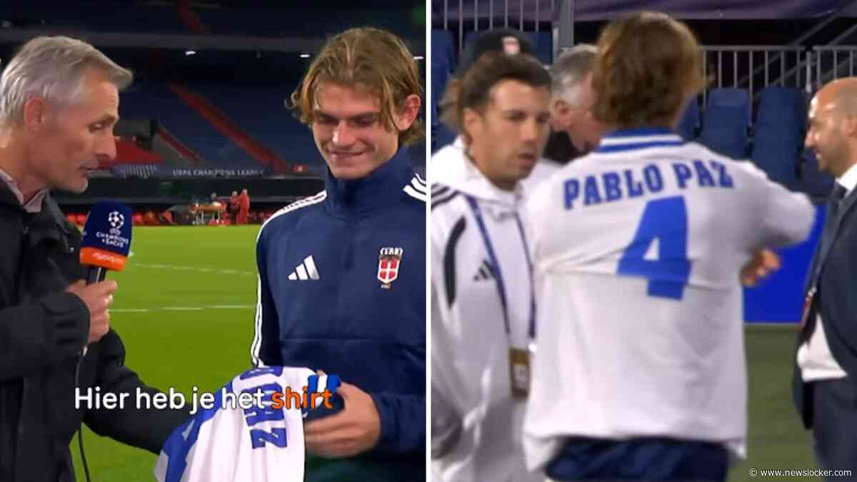 Voormalig Feyenoorder Kees van Wonderen overhandigt speler van Como na 30 jaar het shirt van zijn vader