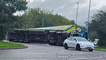 Major Warrington road closed after lorry overturns
