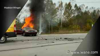 Car catches fire after crash in Huntington County