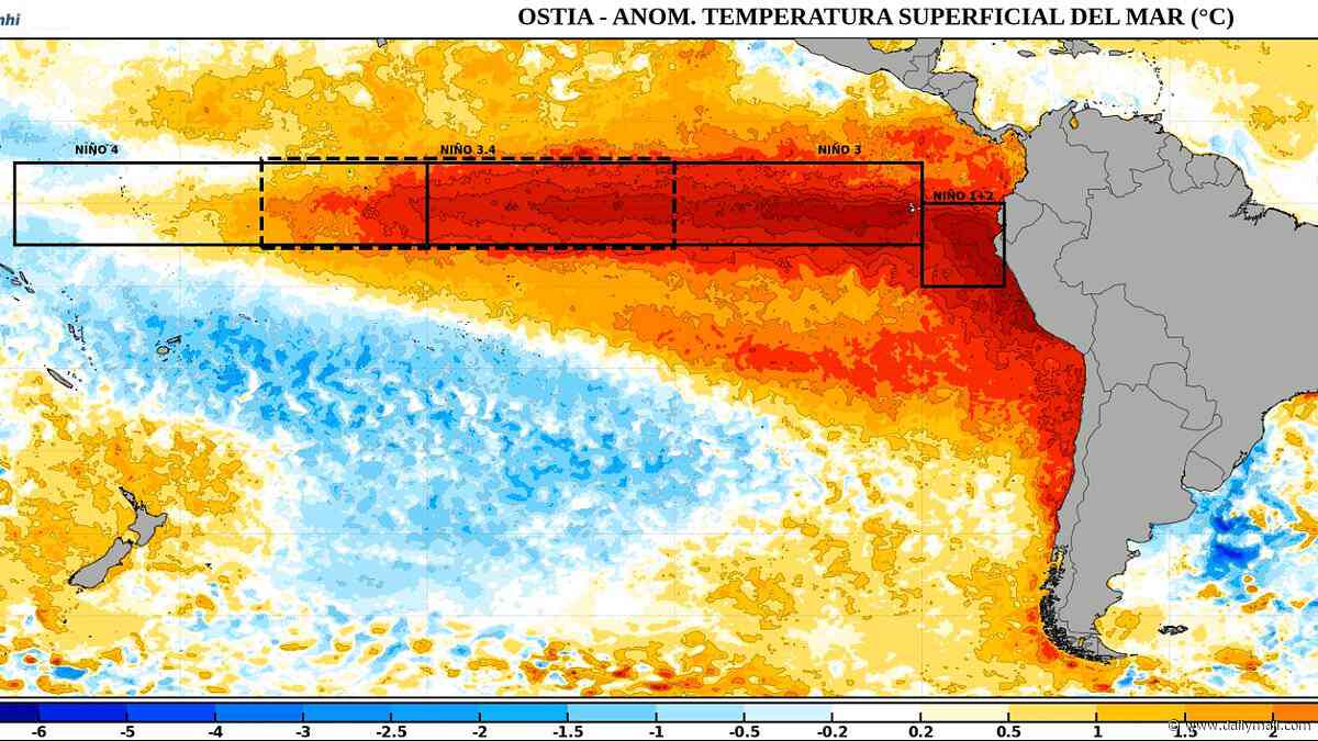 Super El Niño has grown a second ARM: Ominous map reveals how the stretch of warm water in the Pacific Ocean has expanded