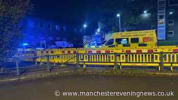 Emergency services storm Prestwich street as fire breaks out near Metrolink station