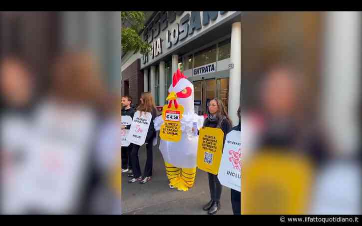 “Ecco il vero prezzo del pollo”, protesta di Essere Animali di fronte a un supermercato Esselunga