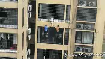 Moment three-year-old girl dangles from 12th-storey after climbing out window - with quick-thinking neighbours jumping into action