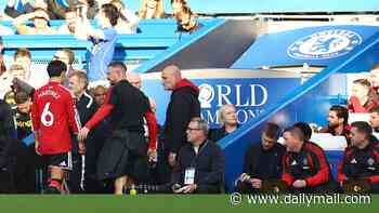 Man United boss Michael Carrick appears to ignore Lisandro Martinez after defender sent off for deliberately elbowing Wesley Fofana
